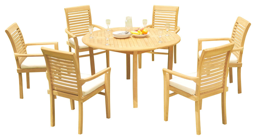 7-Piece Outdoor Teak Dining Set: 52" Round Table, 6 Mas Stacking Arm Chairs