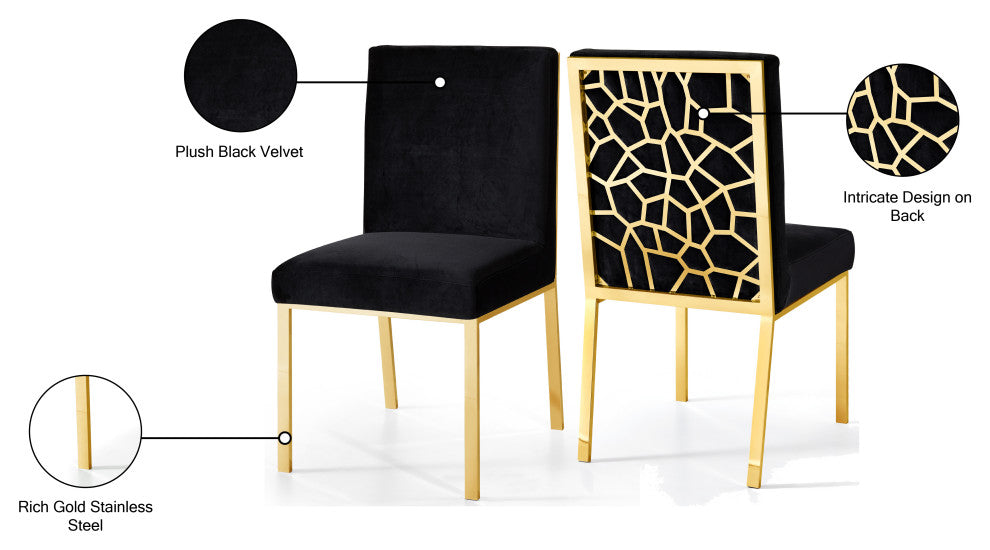 Opal Velvet Dining Chairs, Set of 2, Black, Gold Base