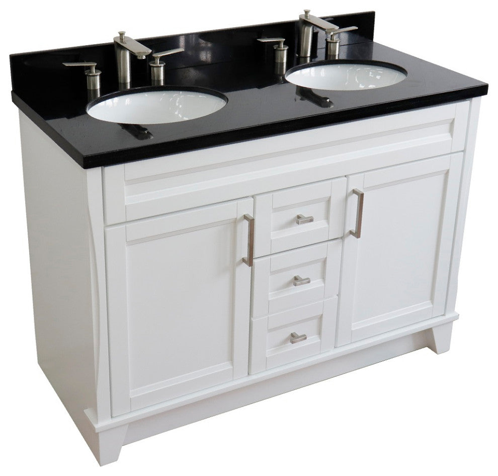 48" Double Sink Vanity, White Finish With Black Galaxy Granite And Oval Sink