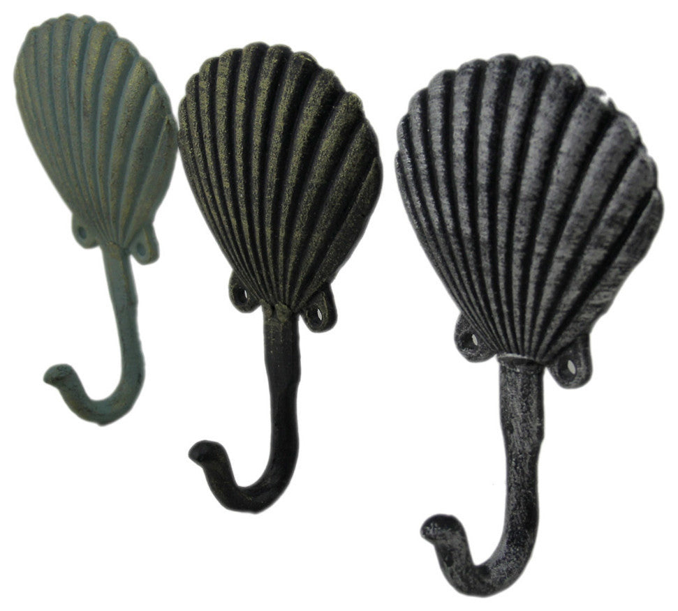 Distressed Scallop Shell 3 Piece Coastal Cast Iron Wall Hook Set