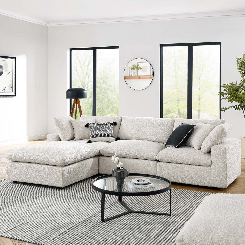 Commix Down Filled Overstuffed Boucle Fabric 4-Piece Sectional Sofa, Ivory