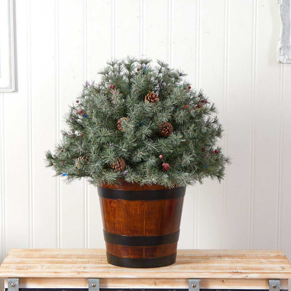 26" Flocked Faux Xmas Shrub W/Pinecones, Multicolored Lights & Bendable Branches