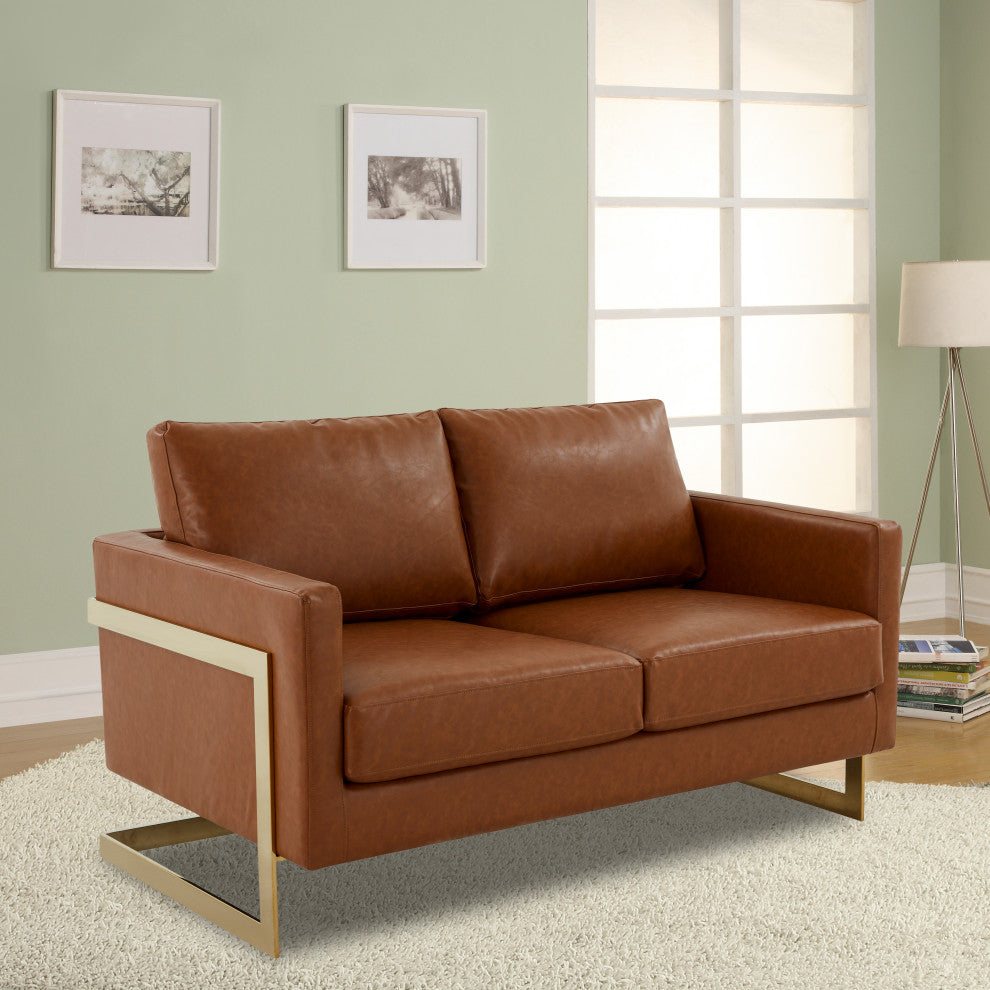 LeisureMod LA55BR-L Lincoln tan Modern Mid-Century Leather Loveseat Gold Frame
