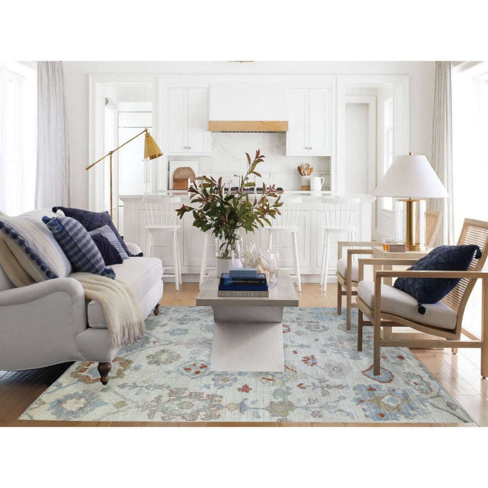 Ivory, Hand Knotted, Afghan Angora Oushak Pure Wool Oriental Rug, 8'1"x9'10"