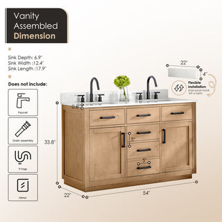 Gavino Vanity with Grain White Composite Stone Top, Light Brown/Matte Black, 54", No Mirror