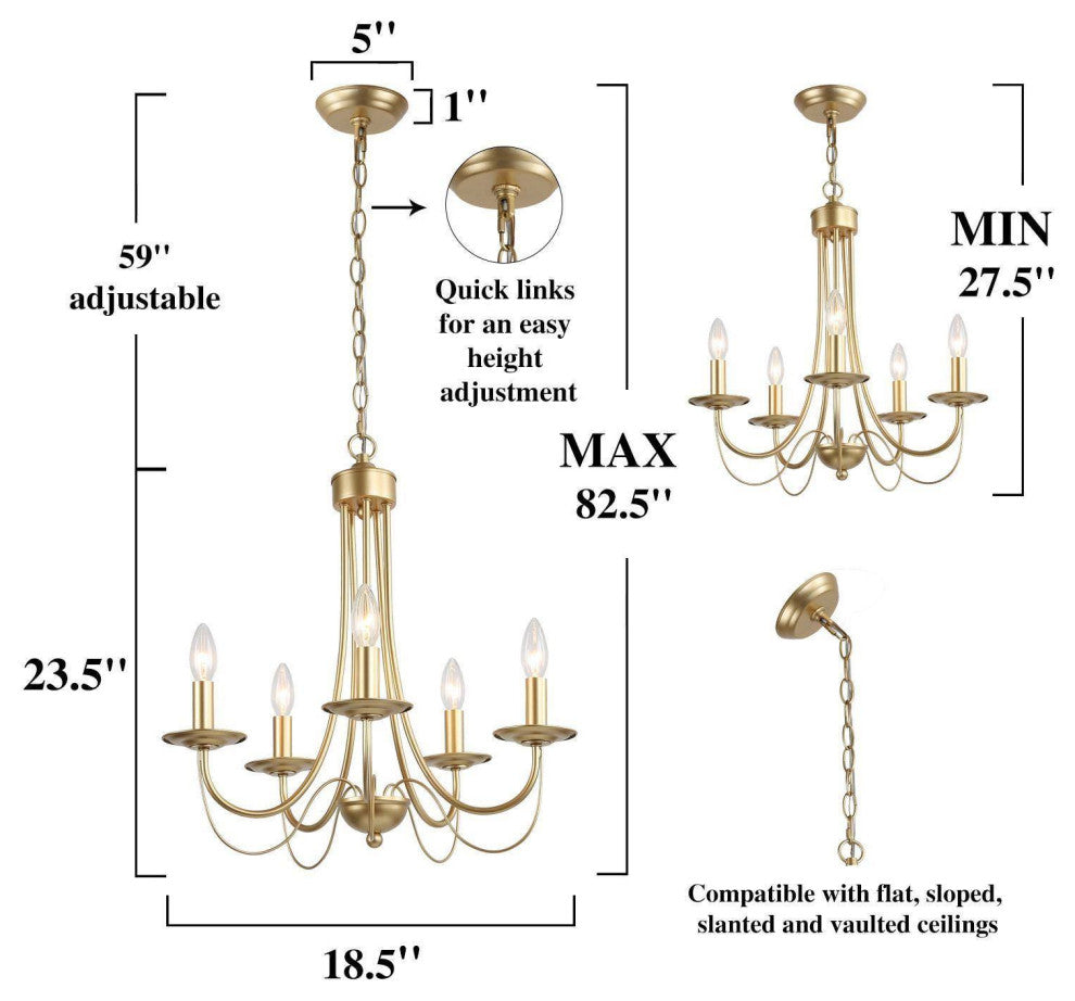 LNC 5-Light Modern Matte Metal Candle-Style Chandelier, Gold