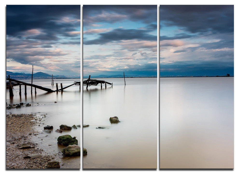 "Magic Sunrise With Old Wooden Pier" Sea Pier Metal Wall Art, 3 Panels, 36"x28"
