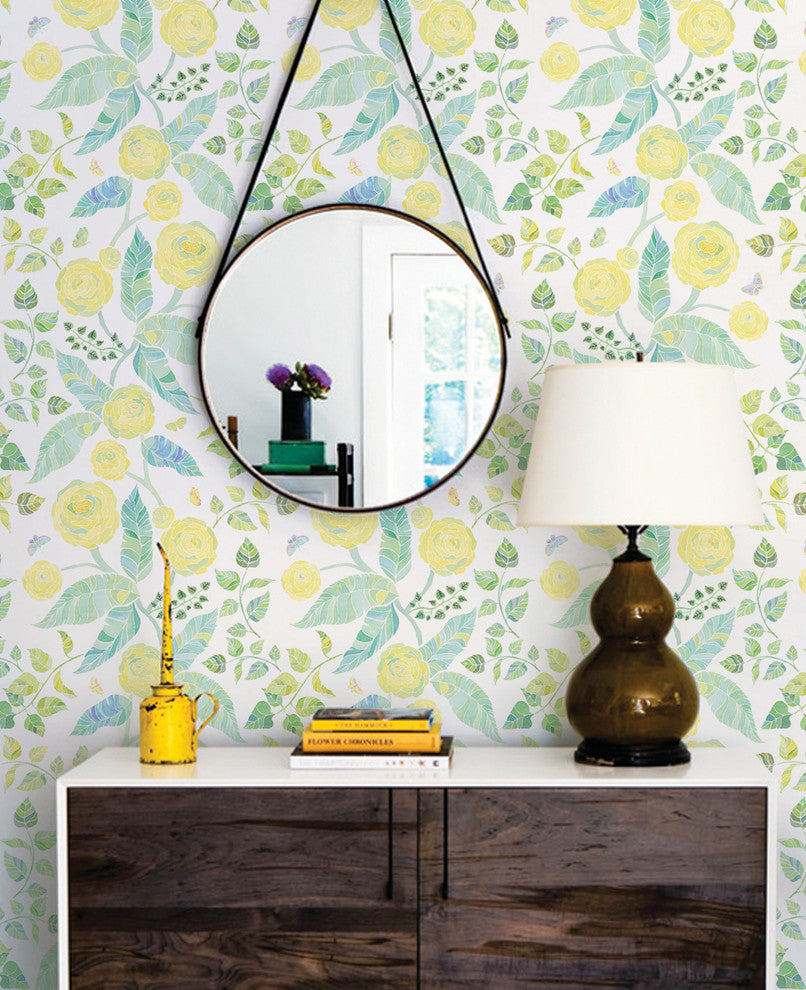 Spring Garden Flowers Peel and Stick Vinyl Wallpaper, Yellow, 24"w X 108"h