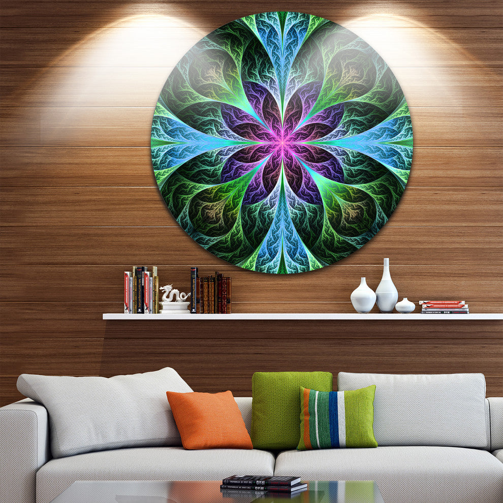Glowing Blue Green Fractal Flower Pattern, Circle Metal Wall Art, 36"