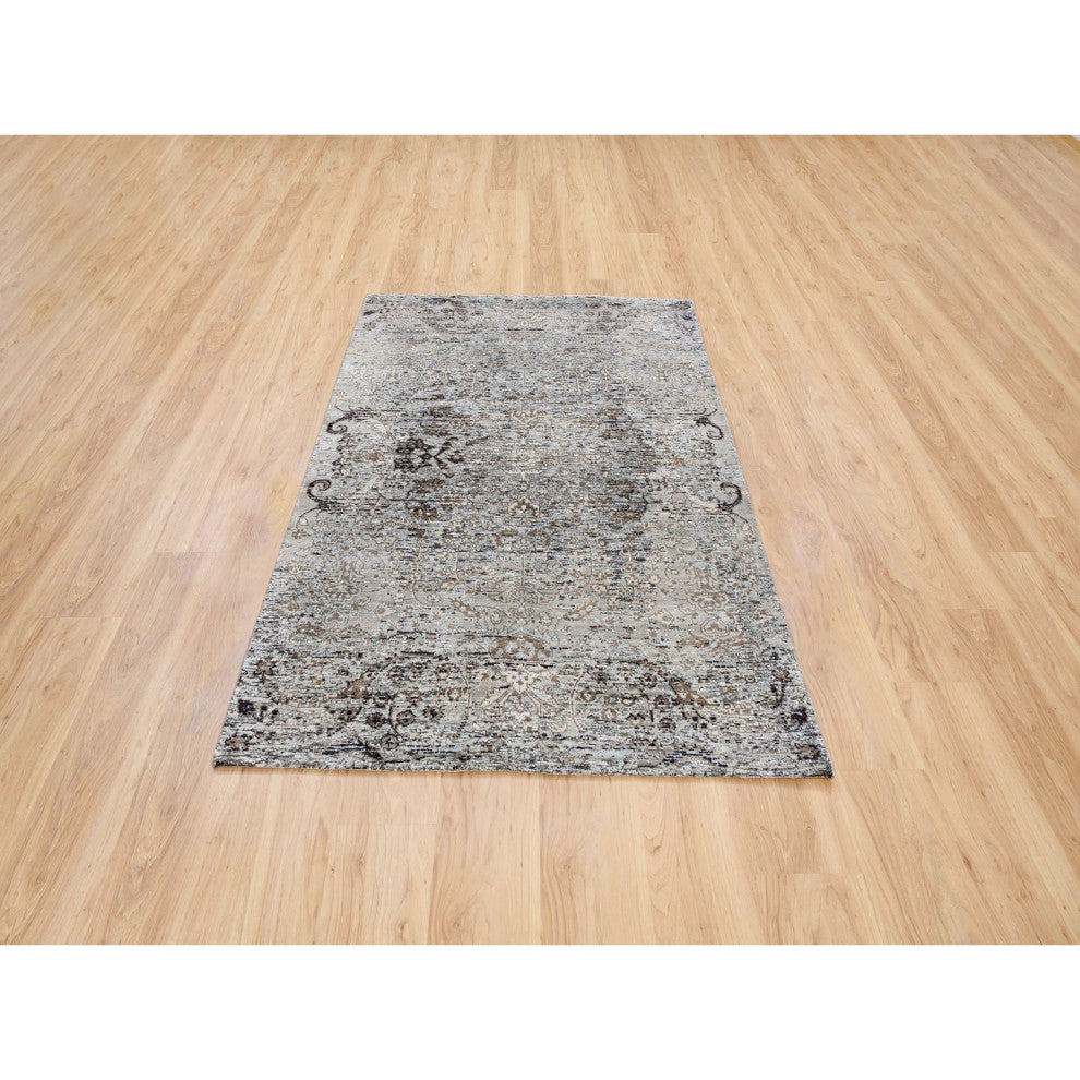Gray, Modern, Silk with Textured Wool, Hand Knotted, Rug , 4'1" x 6'0"
