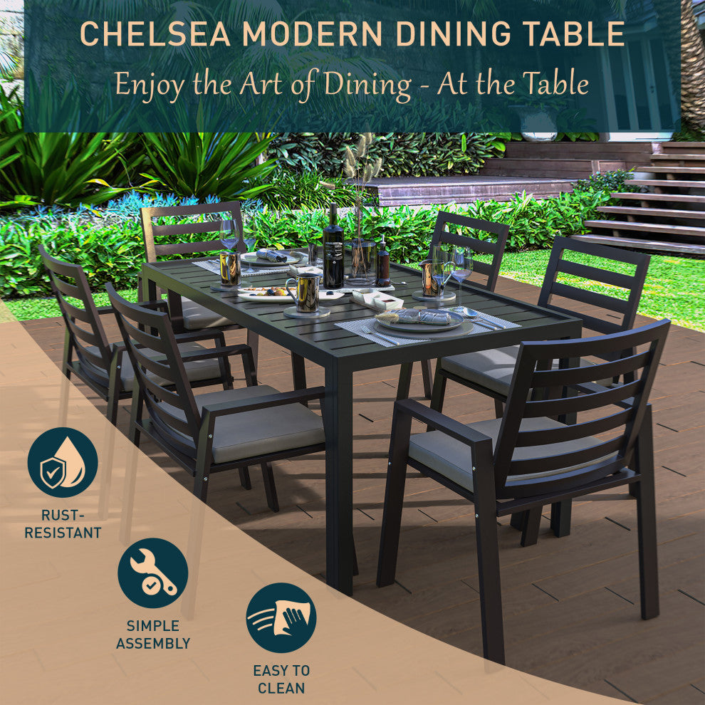 LeisureMod Chelsea 63" Rectangular Outdoor Aluminum Dining Table, Black