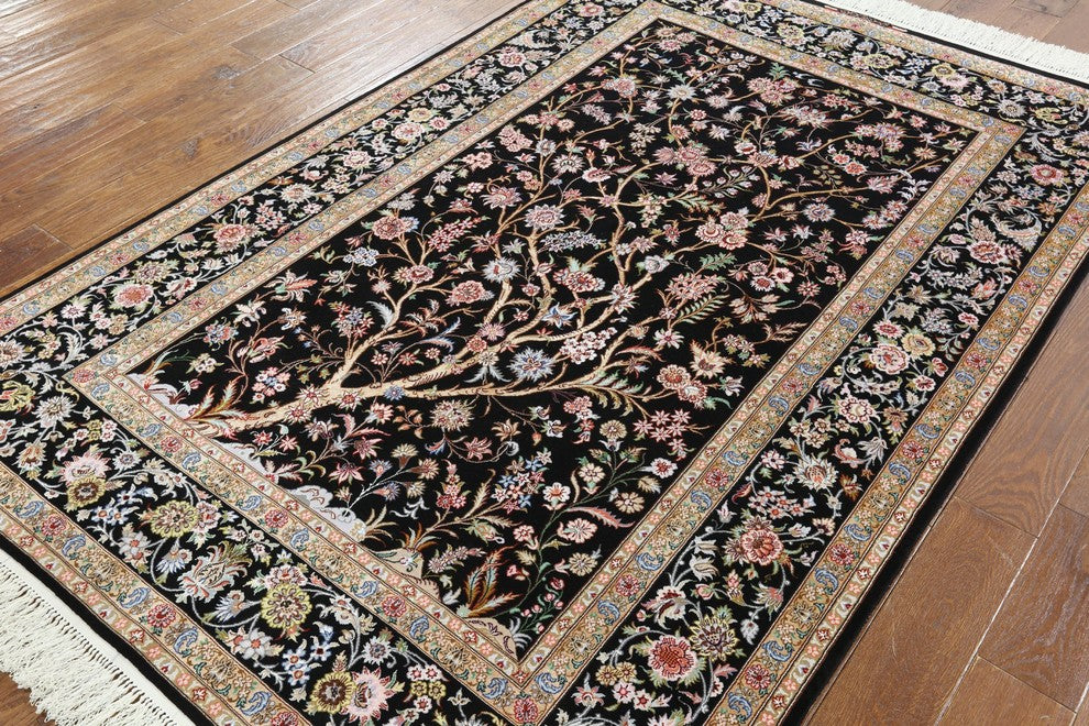 Black Authentic Persian Isfahan Tree of Life Hand Knotted Wool and Silk Rug, 5x7