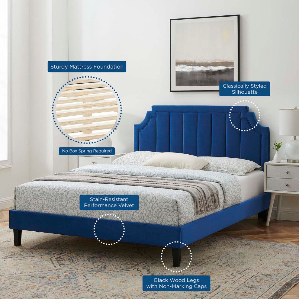 Platform Bed Frame, Full Size, Velvet, Blue Navy, Modern Contemporary, Bedroom