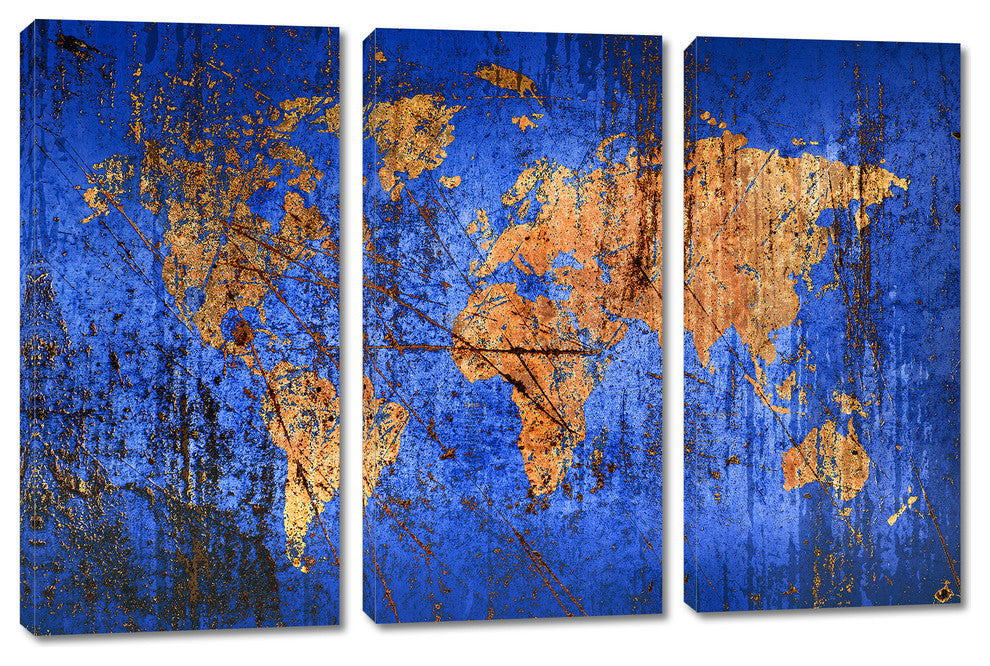 Abstract Blue World Map Canvas Print, 3 Panel Split, Triptych Wall Art