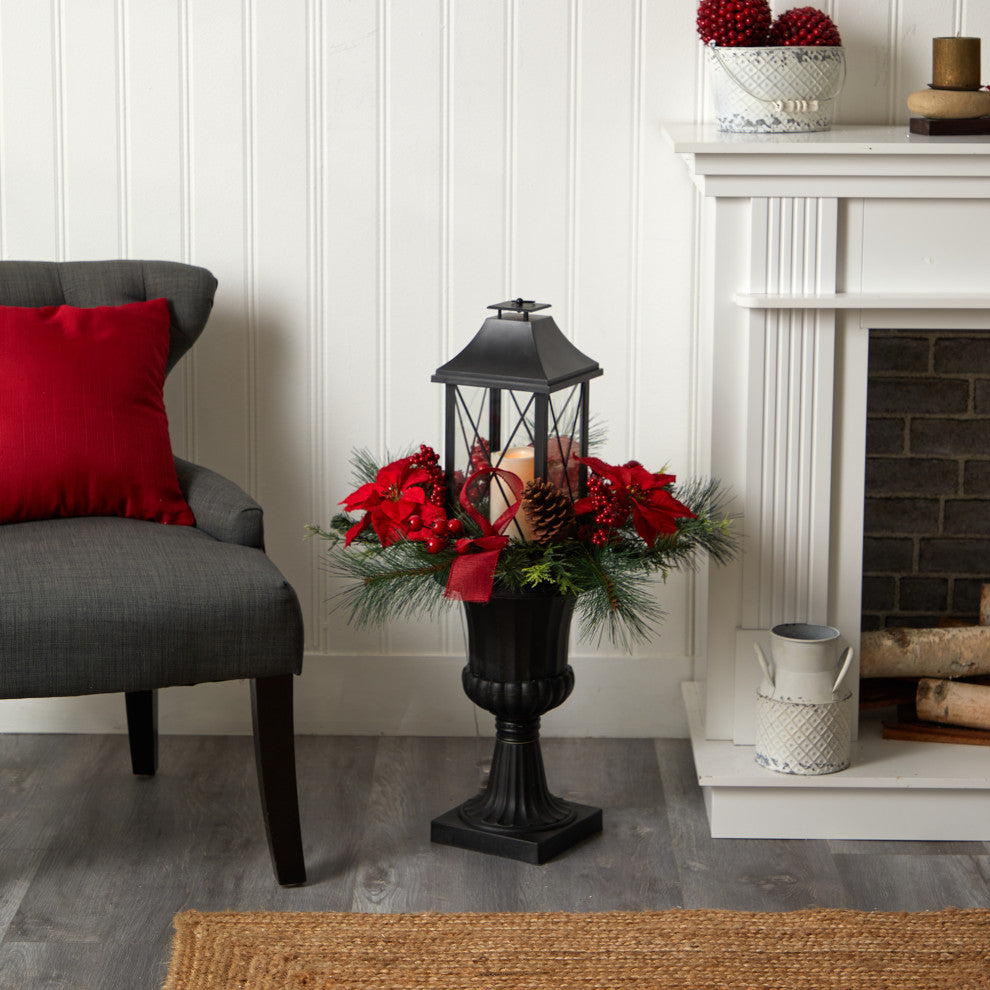 A1864 33 Holiday Christmas Berries and Poinsettia With Large Lantern