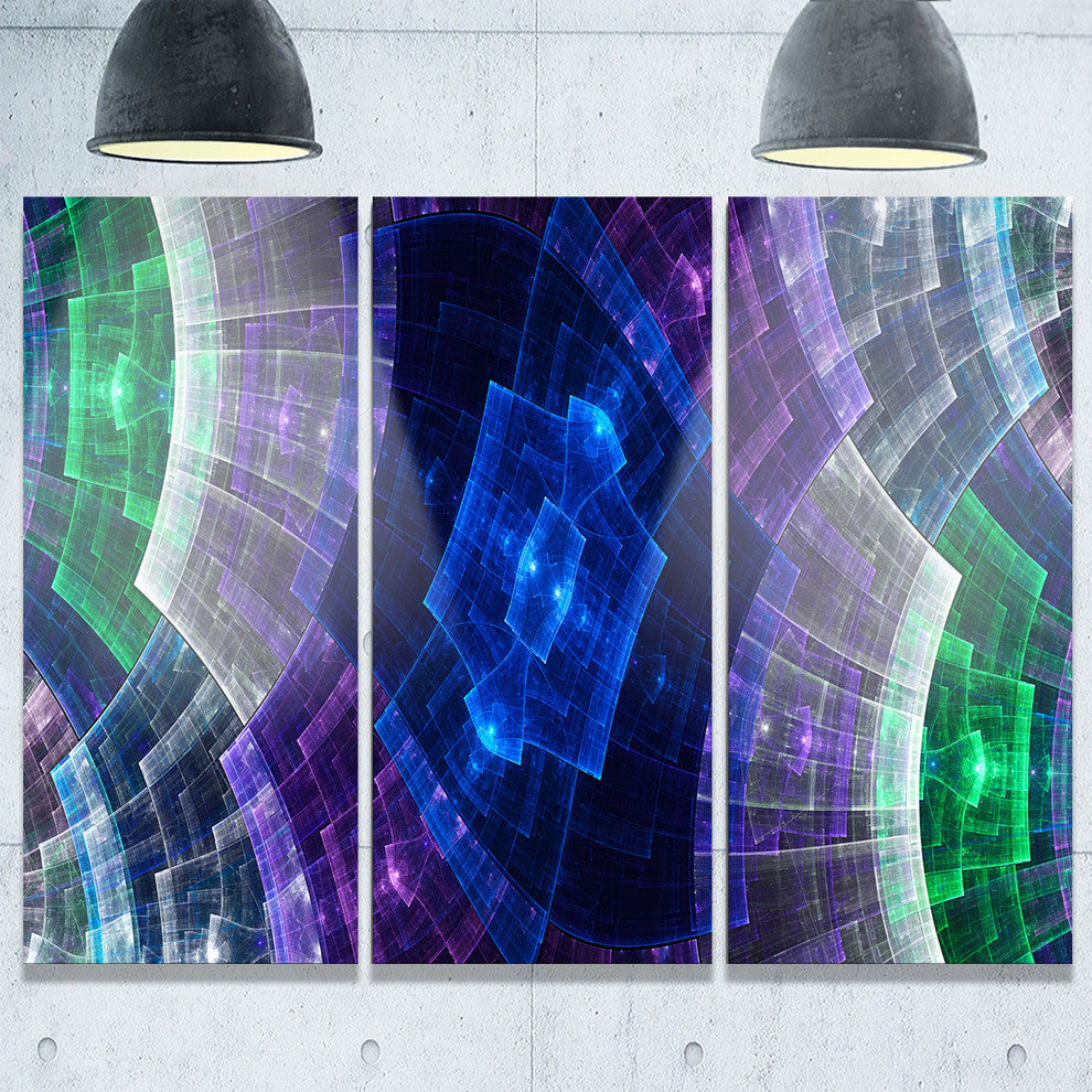 "Blue and Green Fractal Flower Grid" Metal Wall Art, 3 Panels, 36"x28"