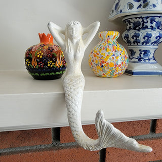 Coastal Mermaid Stocking Hanger Christmas Shelf Distressed White Iron 7 inch