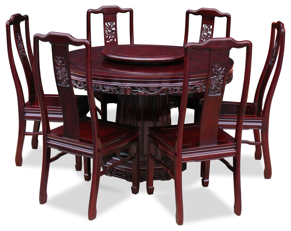 48" Rosewood Dragon Design Round Dining Table With 6 Chairs