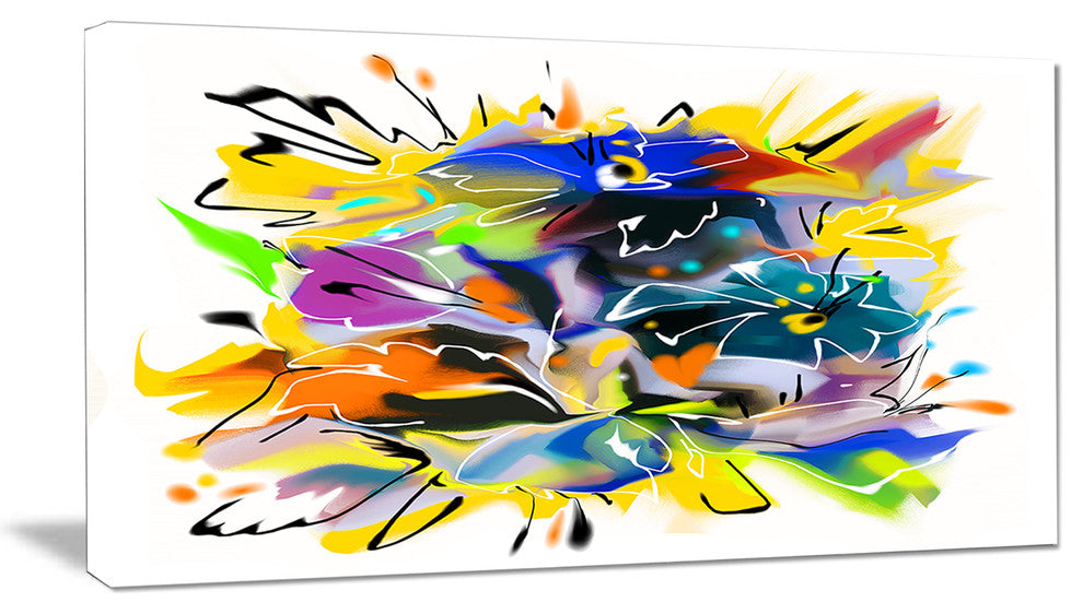 Yellow Blue Abstract Floral Design, Extra Large Floral Wall Art, 32"x16"