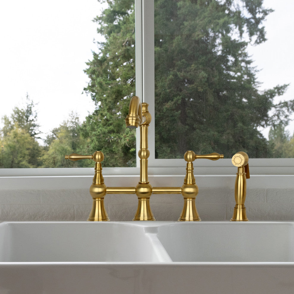 Two-Handles Copper Bridge Kitchen Faucet with Side Sprayer, Brushed Gold