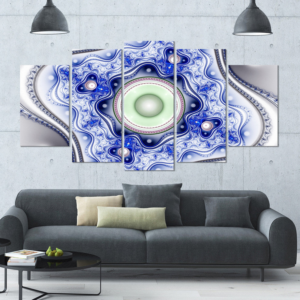 Blue on White Pattern with Circles, Abstract Canvas Wall Art, 60"x32", 5 Panels