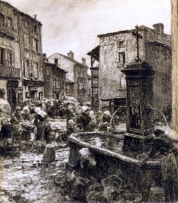 Leon Augustin L'hermitte) Fountain at Chatelguyon Gallery Wrapped Canvas Print