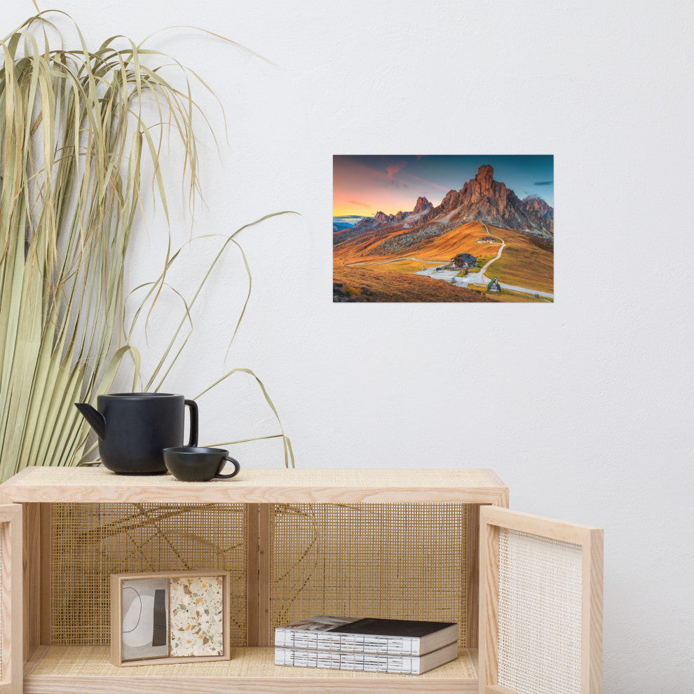 Sunset at Alpine Mountain Pass Rural Landscape Photo Wall Art Print, 12" X 18"