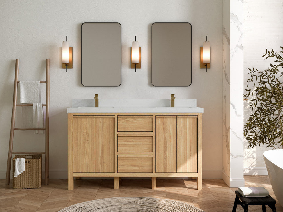 Elizabeth 60 Double Bathroom Vanity in Light Natural Teak 2" Carrara Quartz