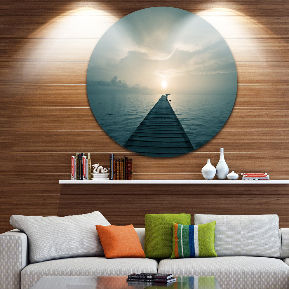 Dark Boardwalk Into Blue Sea, Sea Bridge Round Wall Art, 11"