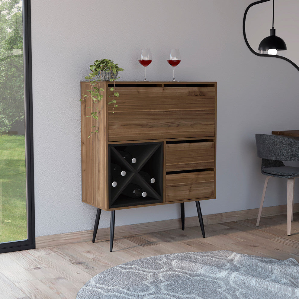 Orchid Bar Cabinet with 2 Drawers and 4 Wine Cubbies, Mahogany/Black