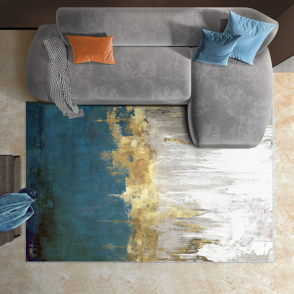 Golden Blue Horizons Abstract Art Area Rug, 5'x7.5'