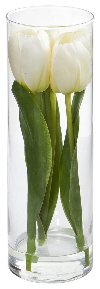 Nearly Natural Tulips Artificial Arrangement In Glass Vase, White
