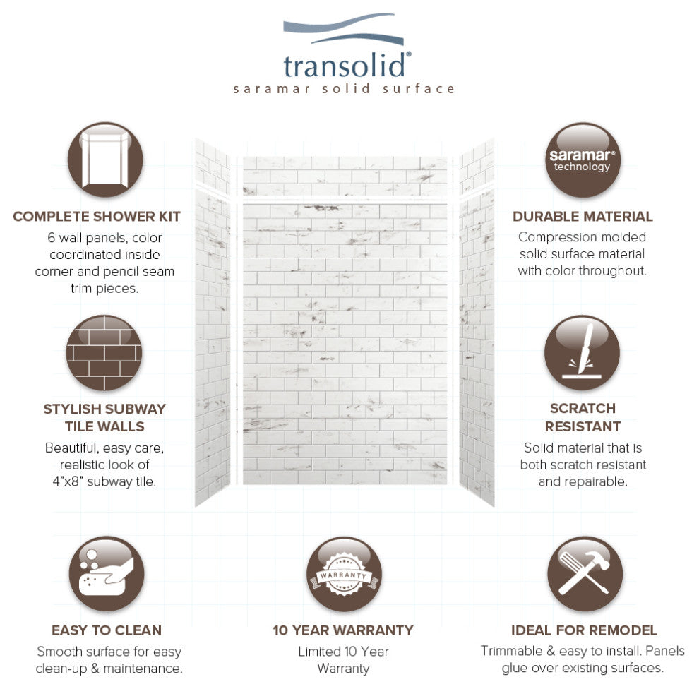 Transolid SaraMar 60"x36"x96" 6-Piece Shower Wall Kit, White Venito