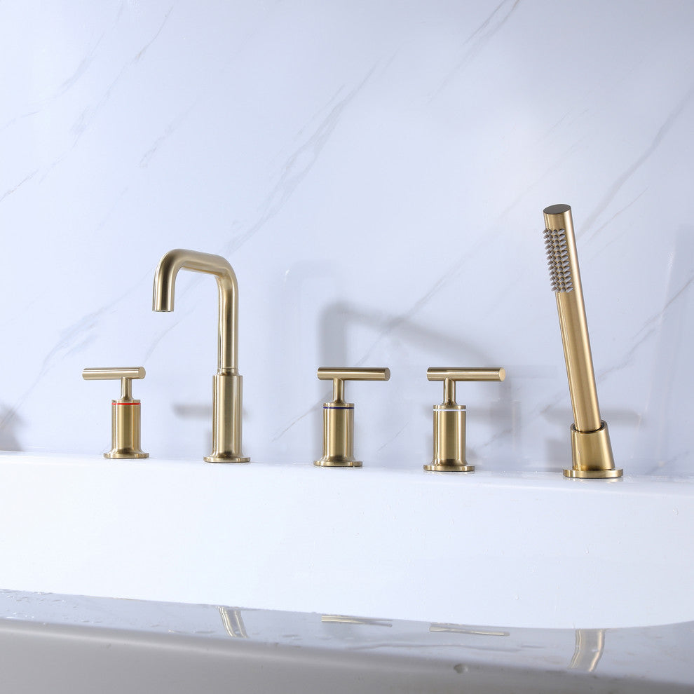 Luxury Deck Mounted Roman Bathtub Faucet With Hand Shower & 3 Lever Handles