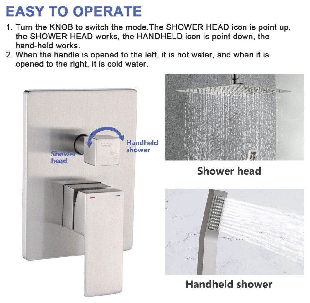 Ceiling Mounted Shower System Set With 10" Rain Shower Head, Brushed Nickel