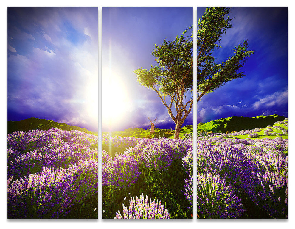 "Lavender Field Under Blue Sky" Metal Wall Art, 3 Panels, 36"x28"