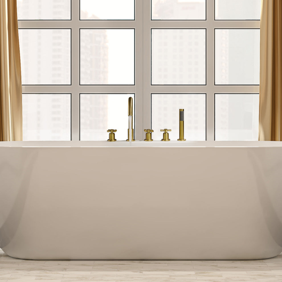 Sorlia Cross Handles Deck-Mount Roman Tub Faucet With Handshower, Brushed Gold