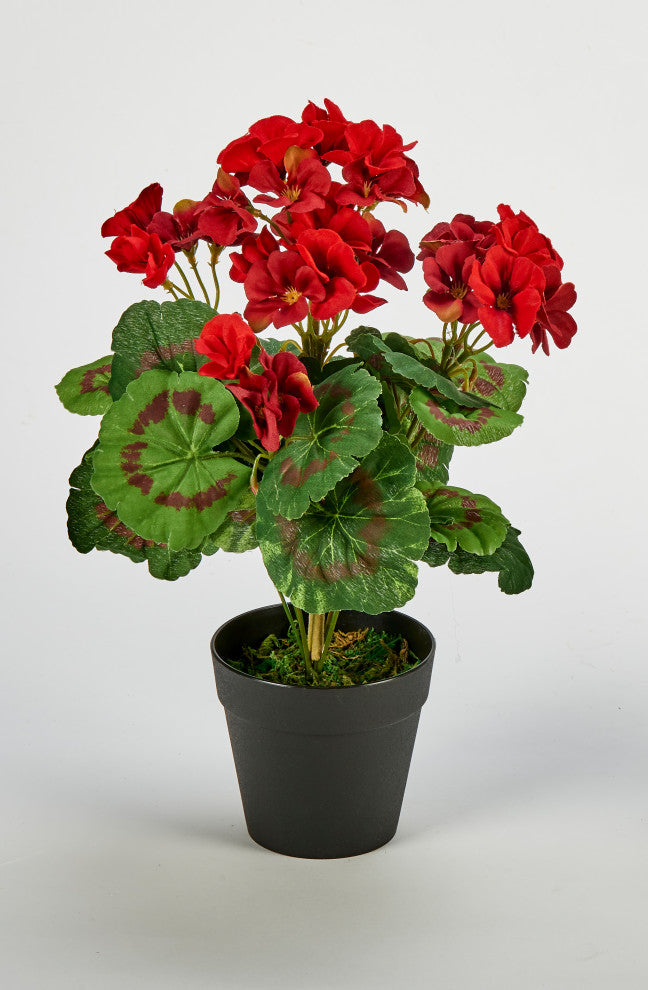 14" 7 Head Faux Geranium In 4" Pot With Moss, Red