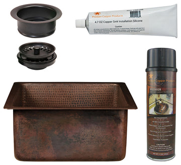 16" Square Hammered Copper Bar/Prep Sink, 3.5" Drain Opening
