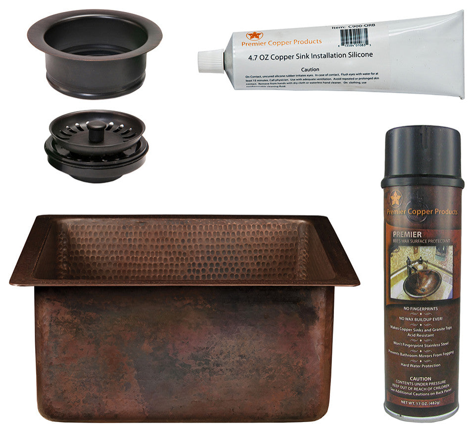 16" Square Hammered Copper Bar/Prep Sink, 3.5" Drain Opening