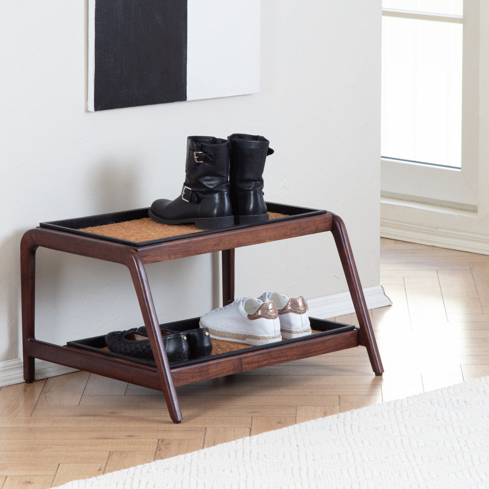 Double-Tier Brown Stand With 2-Pair Rubber Boot Trays Smoked Oak