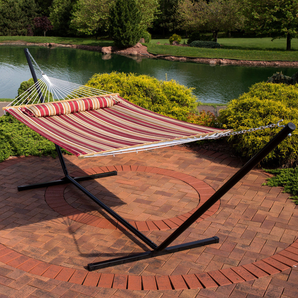 Sunnydaze 2-Person Quilted Spreader Bar Hammock and 12' Stand, Red Stripe
