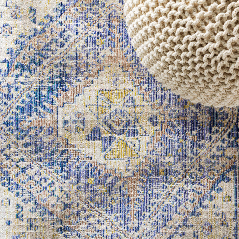 Darija Ornate Geometric Medallion Area Rug, Blue, 2 X 8