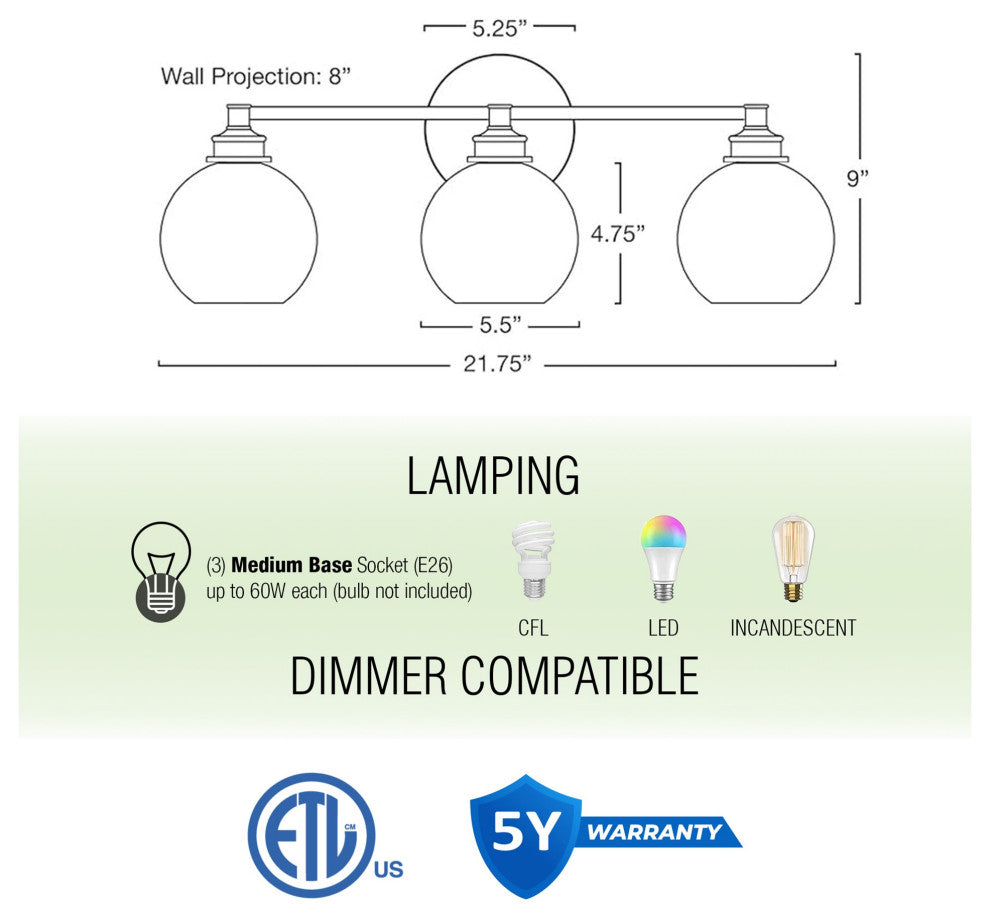 Kira Home Odette 22" Bathroom Light, Glass Globe Shades, Warm Brass Accents, Oil