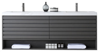 Matera Wall Mount Modern Bathroom Vanity, Charcoal, 72", White Countertop