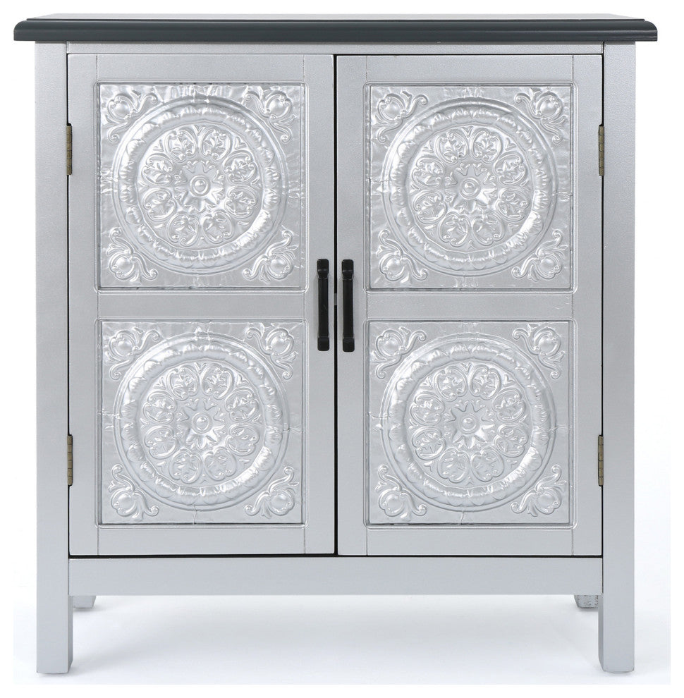 GDF Studio Aliana Shabby Painted Accent Cabinet, Silver/Charcoal Gray