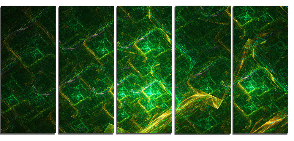 Green Fractal Electric Lightning, Abstract Art on Canvas, 60"x28", 5 Panels