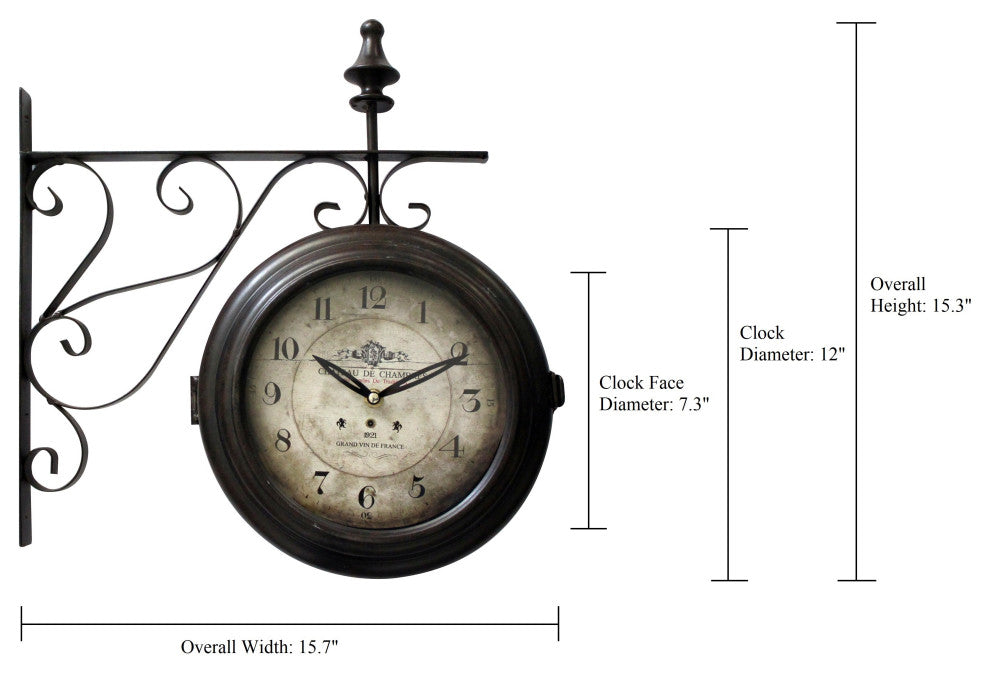 16" Double Sided Iron Wall Clock, Black Iron Frame