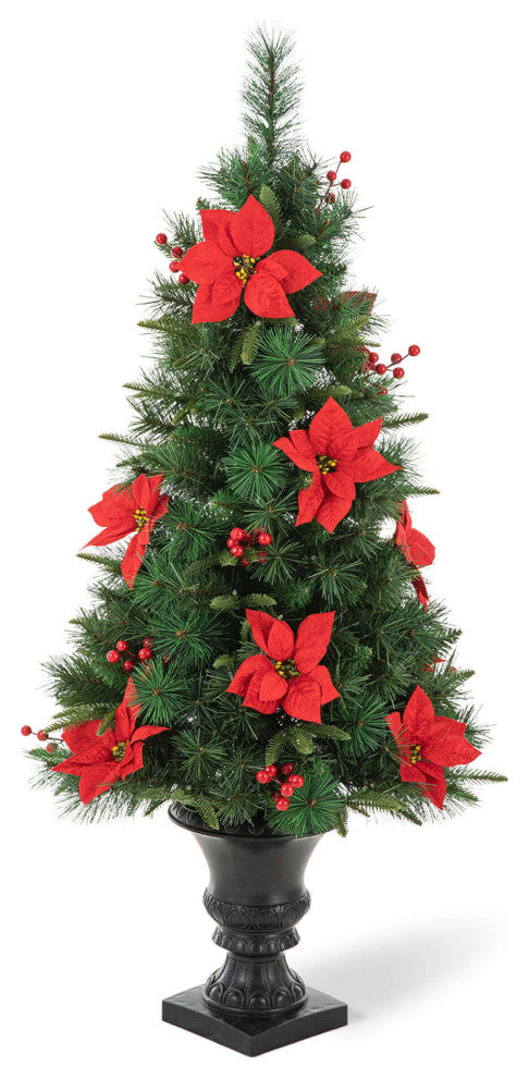 Pre-Lit Pine Artificial Christmas Tree, 4', Poinsettia/Berries