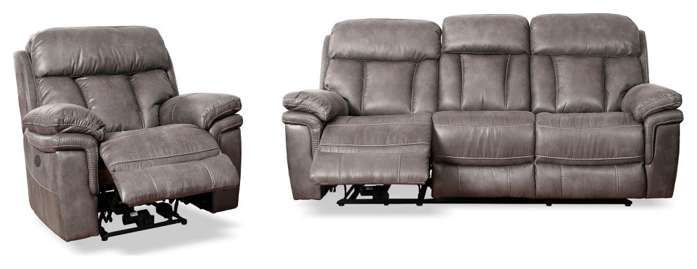 Estelle Power Reclining 2 Piece Sofa and Recliner Set, Gunmetal Fabric
